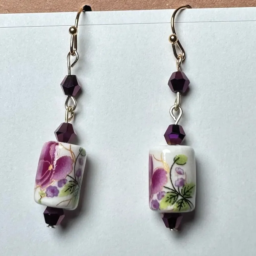 Purple flower earrings handmade ceramic bead